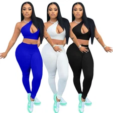 Hot Sale Women Sleeveless Patchwork Solid Open Front Skinny Club Pants Set 2pcs