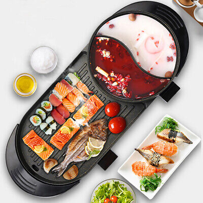 Mini Electric Grill and Hot Pot, 2 in 1 Portable Electric Hot Pot Barbecue  Grill Non-Stick Teppanyaki Pan 110V Multifunction Nonstick Griddle & Hot