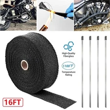 2" ROLL Motorcycle Black Fiberglass Exhaust Header Pipe Heat Wrap Tape + 4 Ties