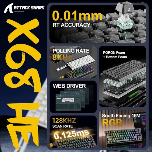 ATTACK SHARK X68 HE 60% RGB 8000Hz Rapid Trigger Wired Gaming Keyboard, Snap Tap - Zdjęcie 4 z 45