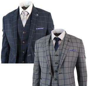 Détails Sur Costume 3 Pièces Ajusté Carreaux Gris Bleu Marine Chic Classique Rétro Homme