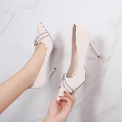 Women Rhinestone Slip On Stiletto Pumps Pointed Toe Heels Fashion Party Shoes - Picture 5 of 13