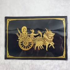 Chinese Black Laquered Gold Leaf Ox Cart Etching Picture 5.5" x 8" Folk Art