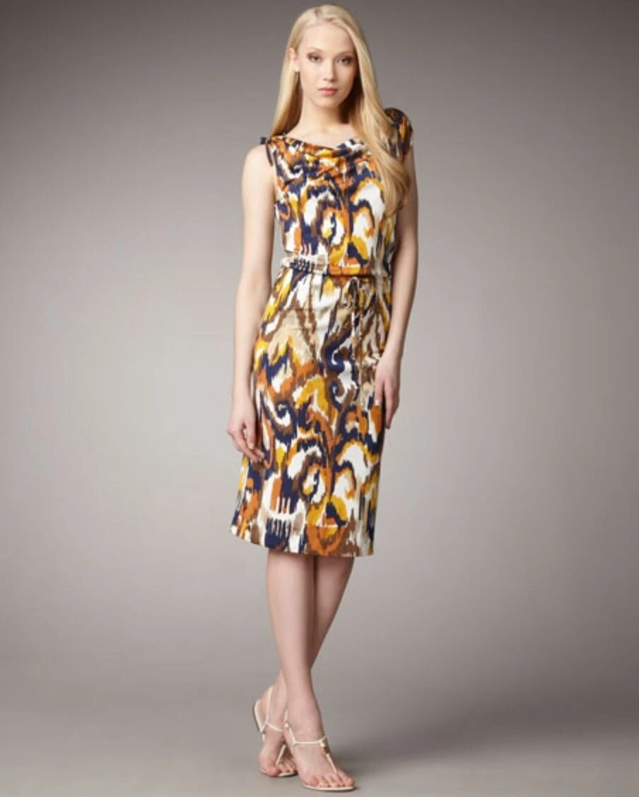 Abito nuovo con etichette Tory Burch Verde XS Matmi seta Ikat midi tubino resort collo cappuccio