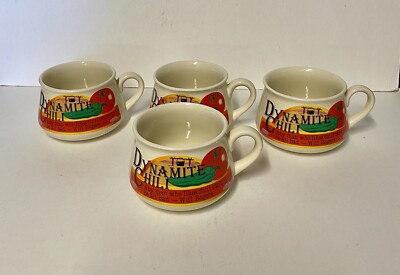 Set Of 4 Dynamite  Any Man Who Likes Chili  Can t Be All  Will Roger Chili Mugs