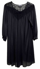 Vintage Miss Elaine Size Medium Black Robe Nylon Peignoir Long Length Lace Trim
