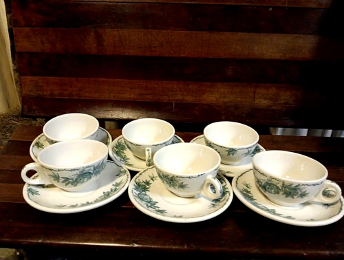 6-Vintage Caribe Puerto Rico  Cup & Saucer Sets, 12pcs. Green &White, New