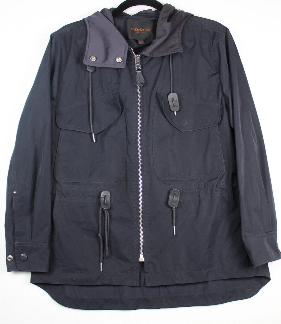 Rara giacca antipioggia donna Coach blu navy stadio con cappuccio cerniera intera taglia XS