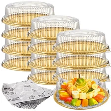 12 Pack 12 Inch Gold Round Plastic Serving Trays, Lids, 24 Wax Paper Sheets