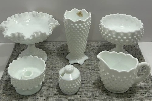 Lot of Six Fenton Hobnail Milk Glass Pieces