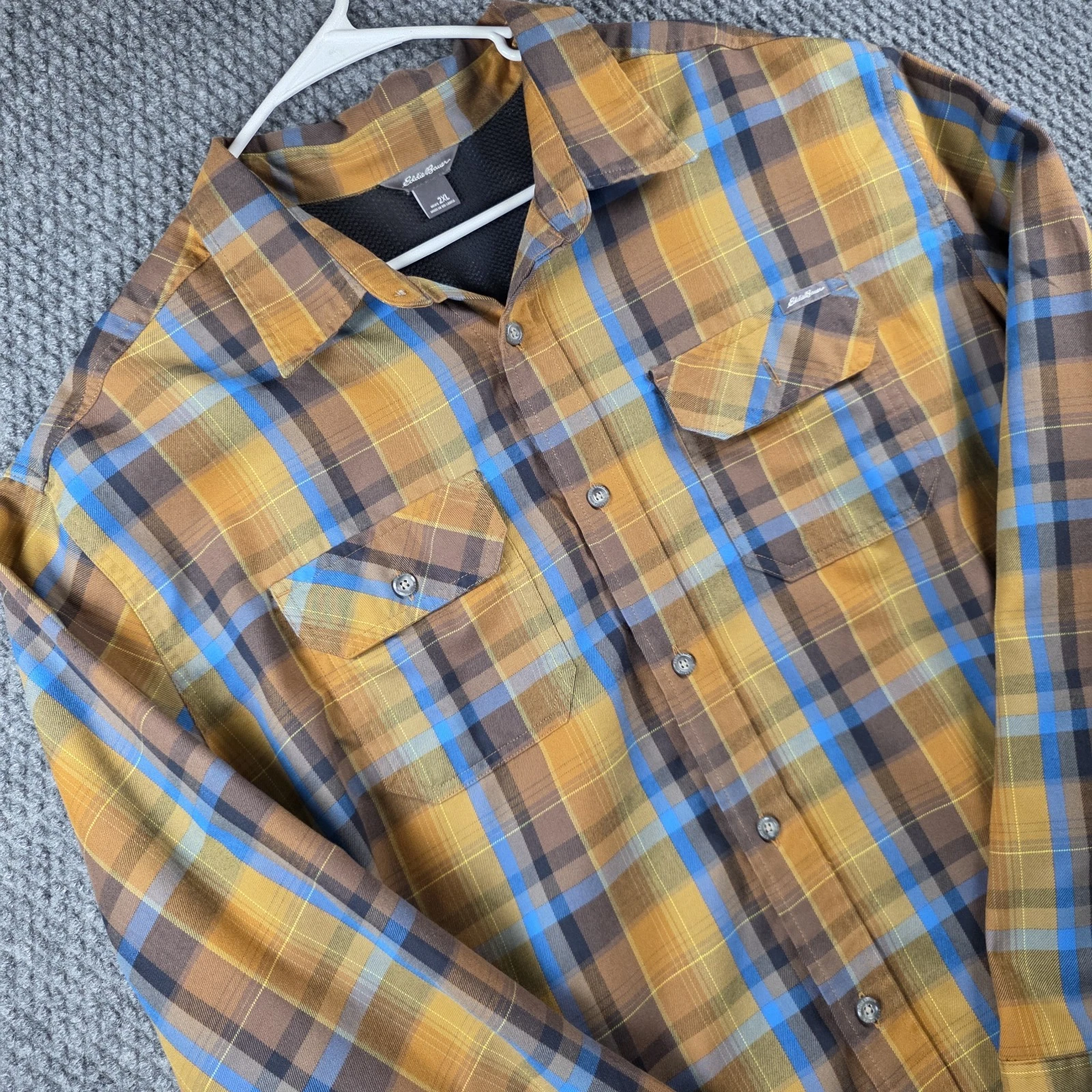 Eddie Bauer Plaid Pack-It Button-Down Shirt Mens 2XL Seersucker Hiking Outdoors
