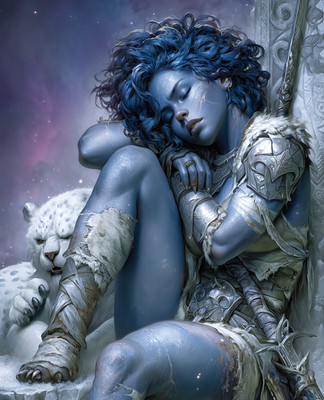 8x10 Blue-skinned warrior woman with snow leopard under starry night - 863415630