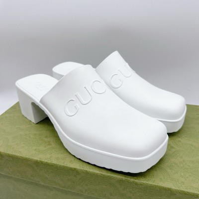 Gucci Logo Rubber Platform Heel Clogs Mules Slip On 725899 White
