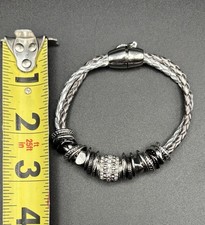 Silver Tone Braided Faux Leather Cord Crystal Bead Bracelet Magnetic Closure