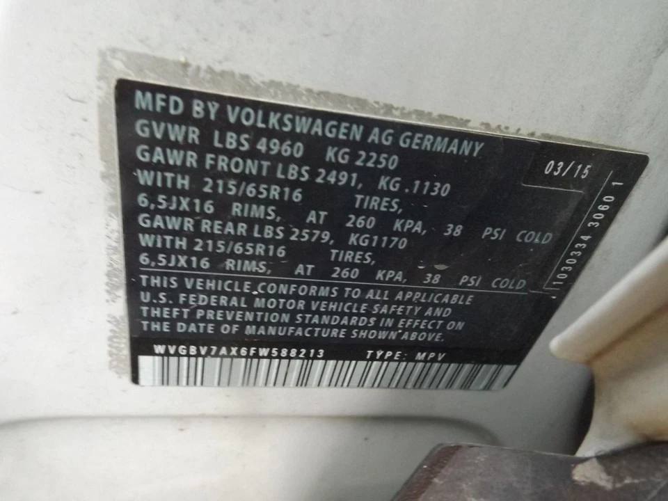 Seat Belt Front Germany Built VIN W 1st Digit Limited Fits 09-18 TIGUAN 1487784 - Image 2 of 4