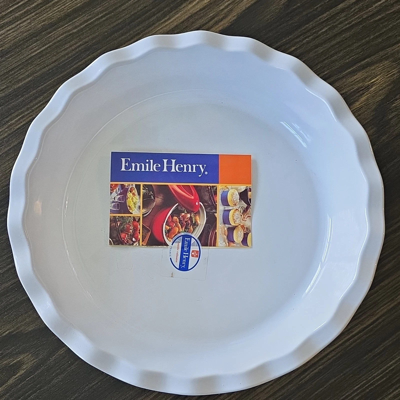 Emile Henry Ceramic Pie Dish 30 cm White Blue Round Modele Depose
