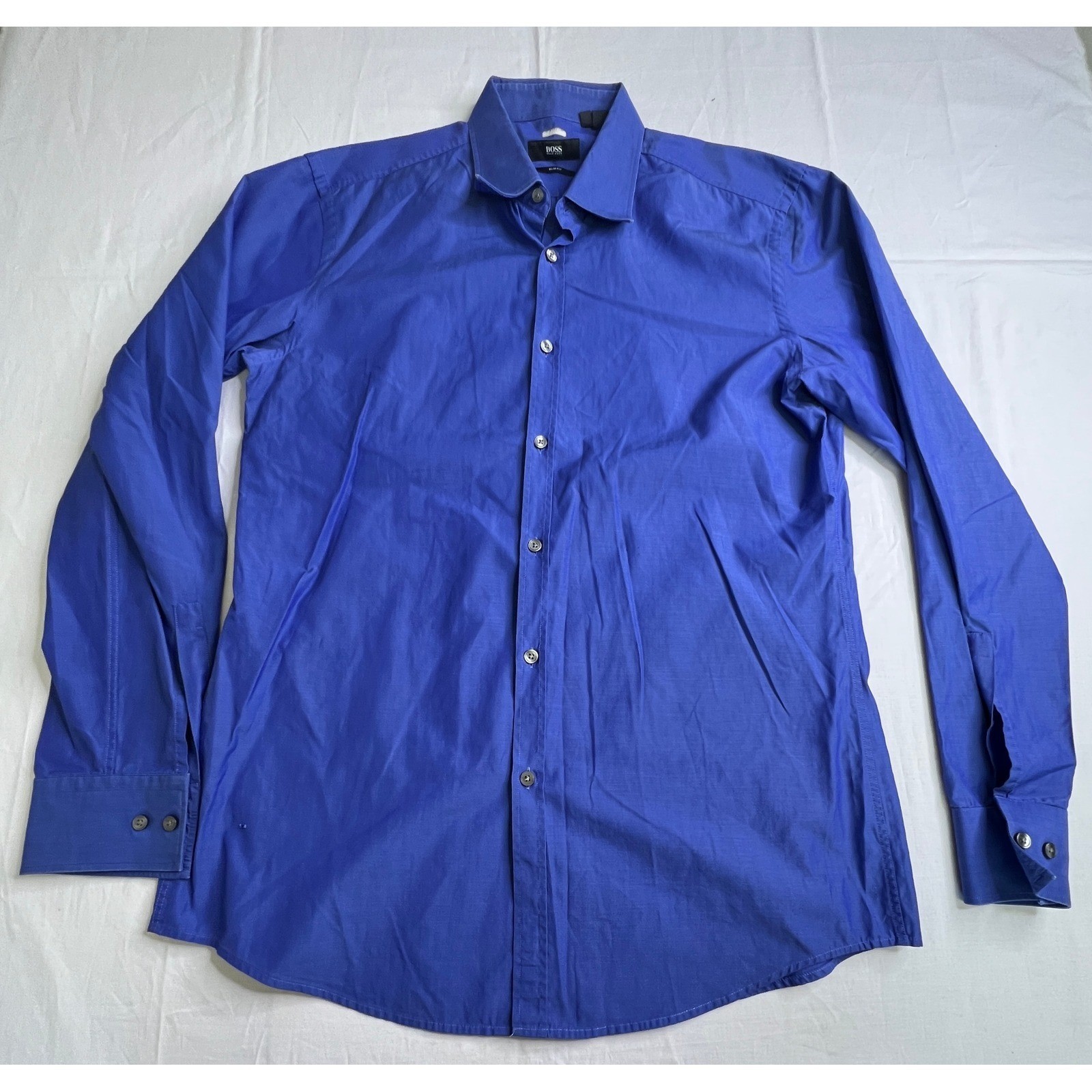 BOSS Slim Fit Dress Shirt 16.5 42 Blue Long Sleeve Button Up Mens