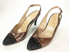 Vtg Bruno Magli Brown Black Closed Toe Slingback 4 1/2 B Leather Pump Heel Suede