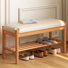 Natural Solid Wood Shoe Bench with Cushion 2-Tier Storage for Entryway