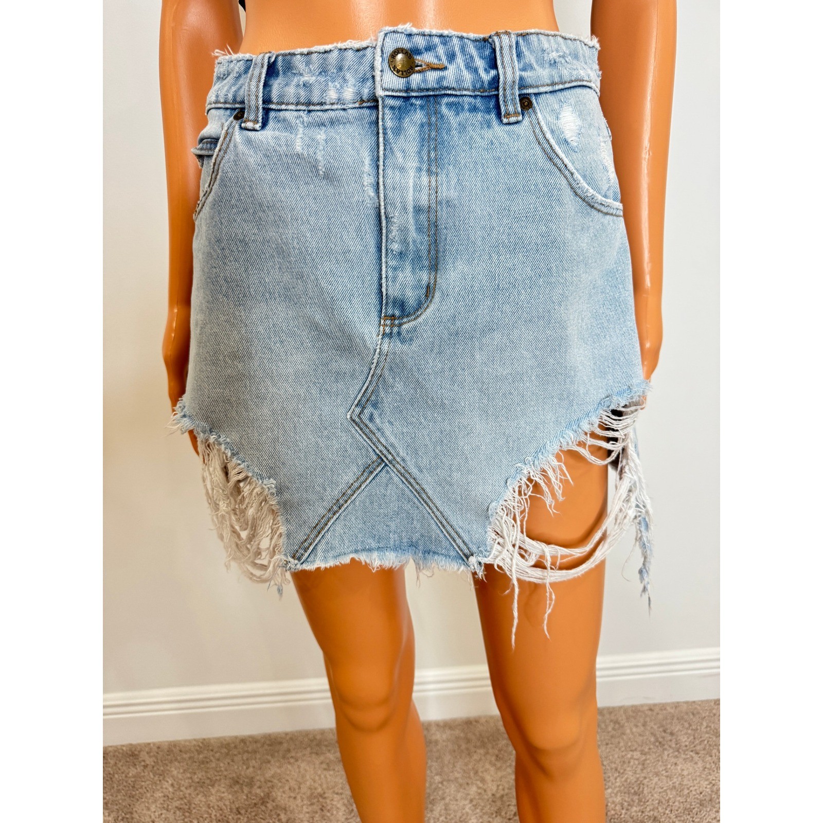 Rollas Claudia Skirt High Rise A-Line Distressed Denim Mini Skirt Light Wash 26