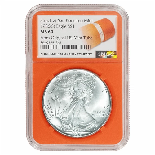 1986-(S) American Silver Eagle NGC MS69 Struck at San Francisco Orange Label 1oz