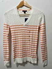 TM011 NWT TOMMY HILFIGER V NECK STRIPE CABLE WOMEN SWEATER SIZE XS, M 58