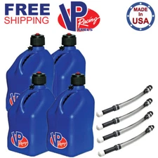 VP Racing 4 Pack Blue 5.5 Gallon Square Utility Jug + 4 Deluxe Fill Hoses