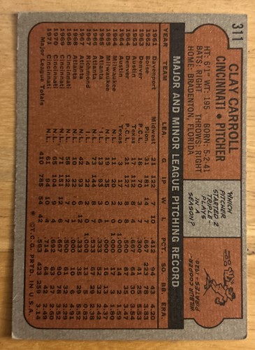 1972 Topps Clay Carroll Baseball Card #311 Reds Mid-Grade G/VG O/C - Picture 2 of 2