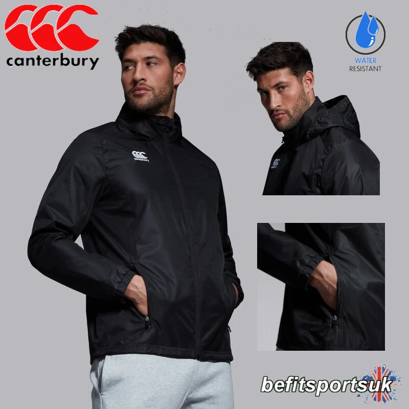 CANTERBURY MENS BLACK JACKET CLUB VAPOSHIELD RAIN HOOD COAT FULL ZIP 2XL XXL