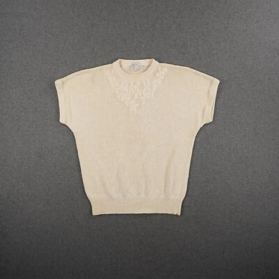 LADY H. Damen Strickshirt Gr. 44 beige Rundhals floral Kurzarm Shirt T-Shirt Sei - Bild 1 von 4