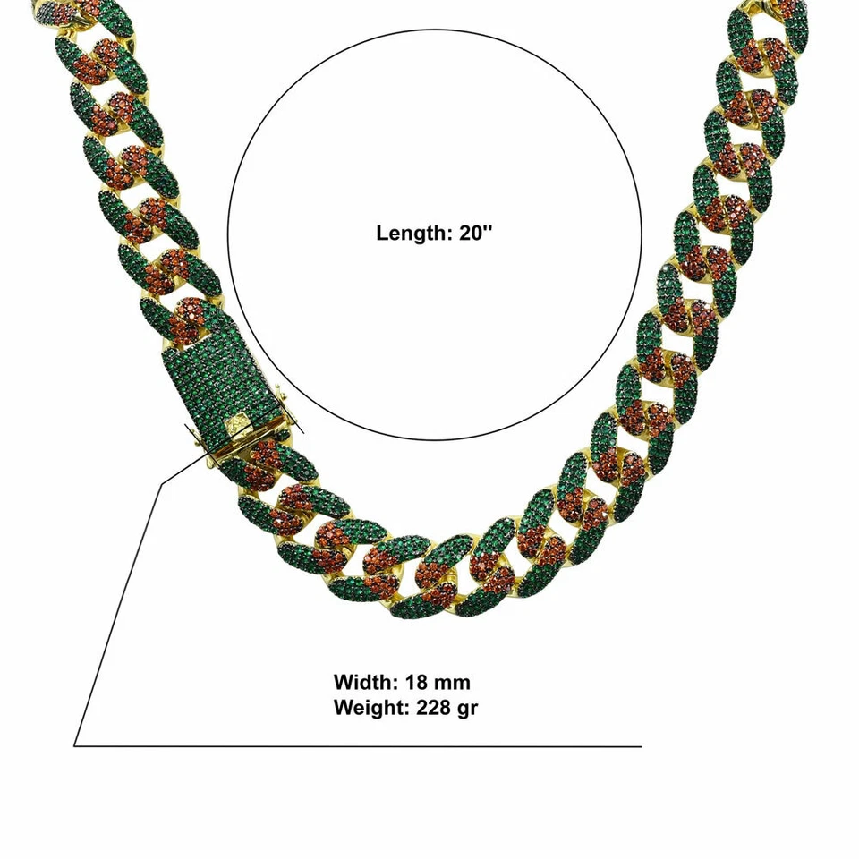 Cadena Collar Eslabón Cubano Circonio Naranja y Verde "Semental" Acabado Dorado Foto 2 de 4