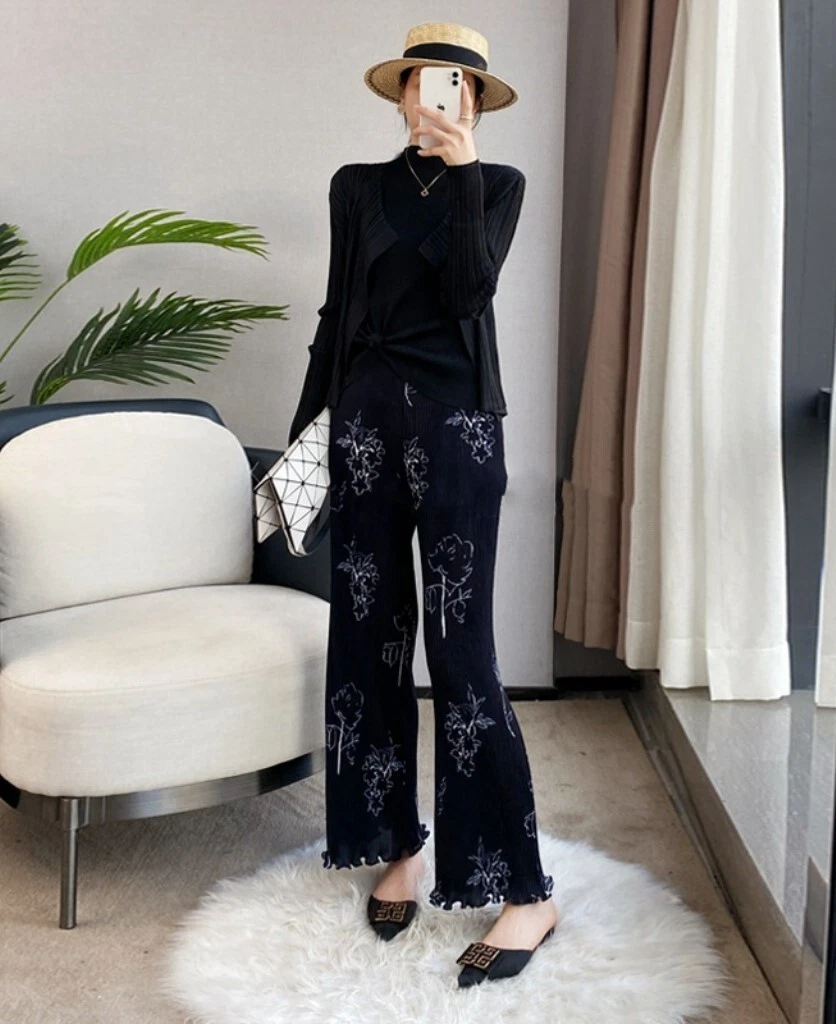 Pleats Please Issey Style Pleated Trousers with Wide-Legged Floral Prints