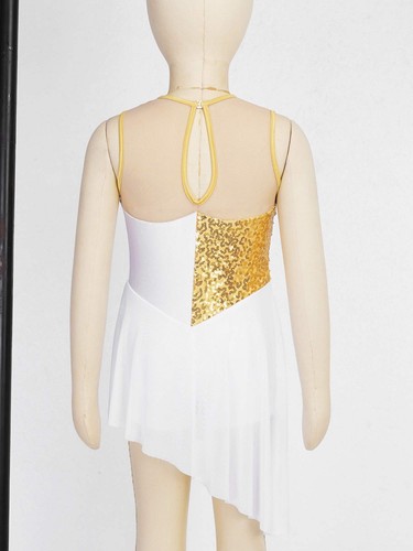 UK Girl Sleeveless Shiny Sequins Lyrical Ballet Dance Dress Mesh Patchwork Dress - Picture 60 of 65