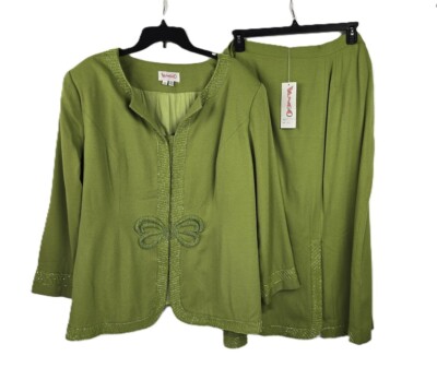 NWT Vango Paris 2 piece Green Women's beaded Outfit Skirt Jacket Blazer Size 24