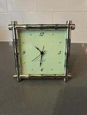 Pottery Barn Carlyle Silver Plated Bamboo Mantel Desk Clock -Green Face -Working