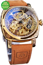 Men's Square Retro Mechanical Watch Skeleton Automatic Leather Strap Vintage