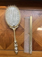 Vintage Vanity  Hair Brush & Comb Set Gold Antique