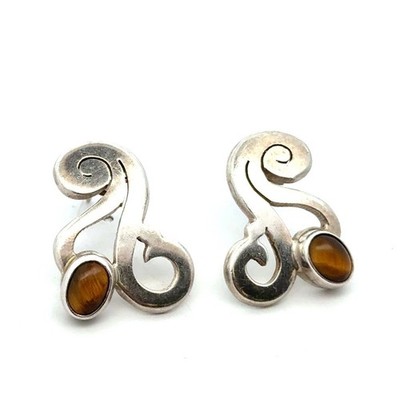 .925 Sterling Silver Mexico Tigris s Eye Earrings, 11.1g