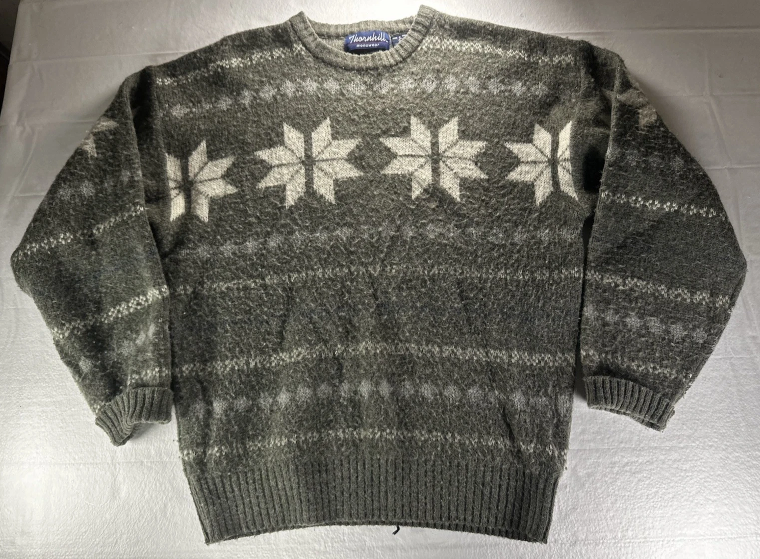 1980s Thornhill Sweater Mens Large Gray Wool Blend Snowflake Knit Grandpacore