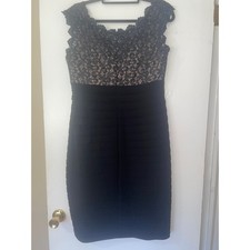 XSCAPE Womens 14W Black Metallic Lace Tiered Bandage Cocktail Dress Cap Sleeve