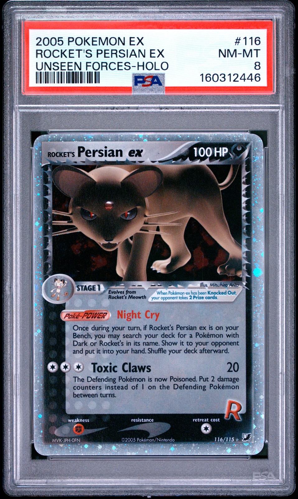 2005 POKEMON EX UNSEEN FORCES #116 ROCKET'S PERSIAN EX-HOLO PSA 8