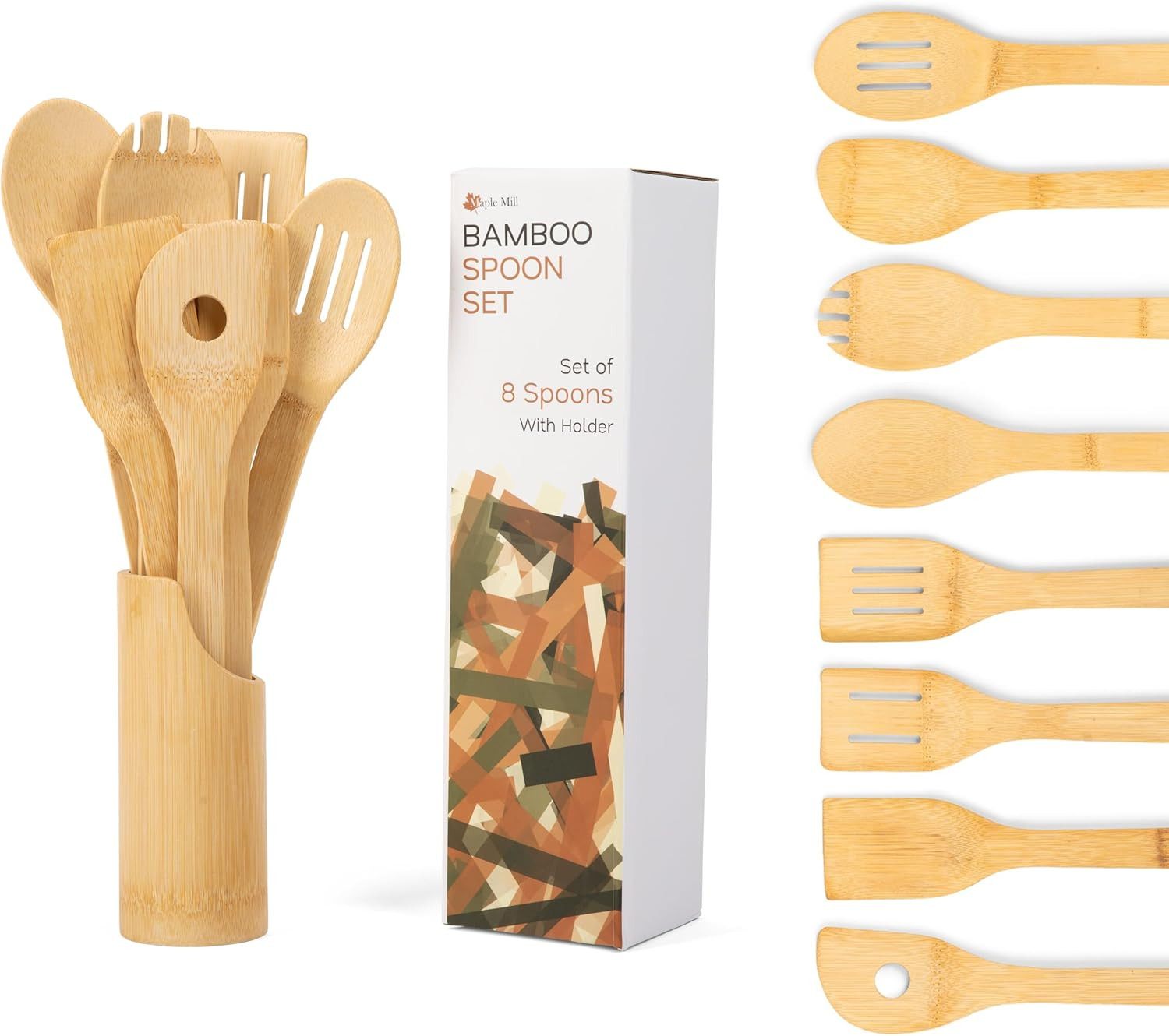 Bamboo Spoons for Cooking - Set of 8 Spoons with Holder - Wooden Cooking Spoo...