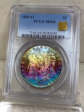 1883O Morgan Silver Dollar ms64 RAINBOW TONED BEAUTY VIDEO GOLD STACKS STICKER