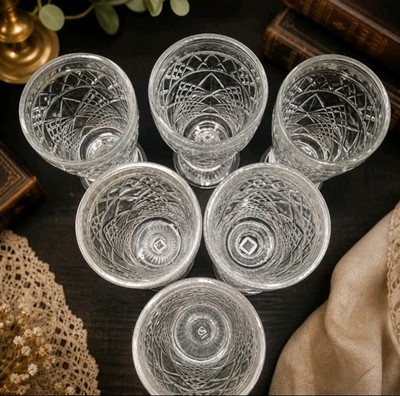 Set Of 6 Diamond & Fan Starburst Goblets Vintage Indiana Glass Pedestal Beautys