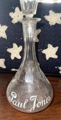 ANTIQUE PRE-PRO ETCHED GLASS ENAMEL PAUL JONES BACK BAR WHISKEY BOTTLE DECANTER
