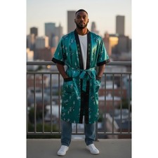 Mens Silky Kimono Robe Dragon Lantern Print Teal Black Short Sleeve Reversable