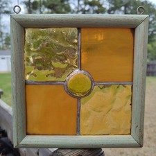 Vintage Stained Glass Suncatcher Window Hanging Amber Orange Yellow Square Frame