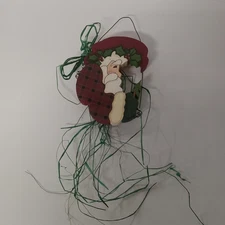 Wood Christmas Santa Hand Painted Wall Hanging Raffia 1990's Burgendy Holly 5.5"