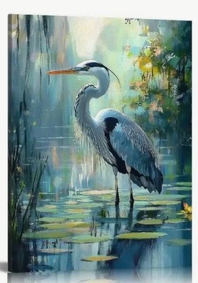 Canvas Wall Art   HERON IN LILY POND  12 x 16   Unframed  885