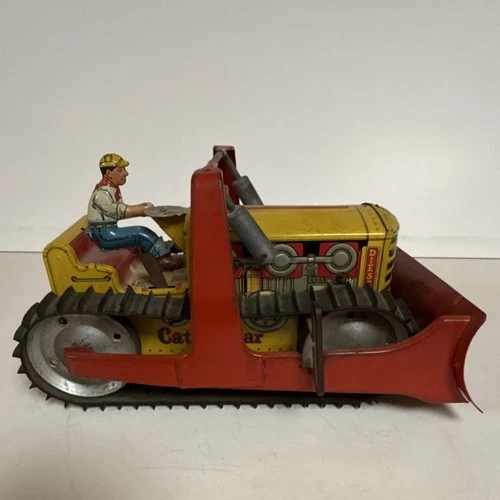 Vintage Tin Toy Marx Caterpillar Bulldozer Vehicle Yellow Red